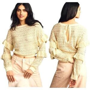 Anthropologie Sheer Open-Stitch Ruffle Pullover Sweater Cream Size XS